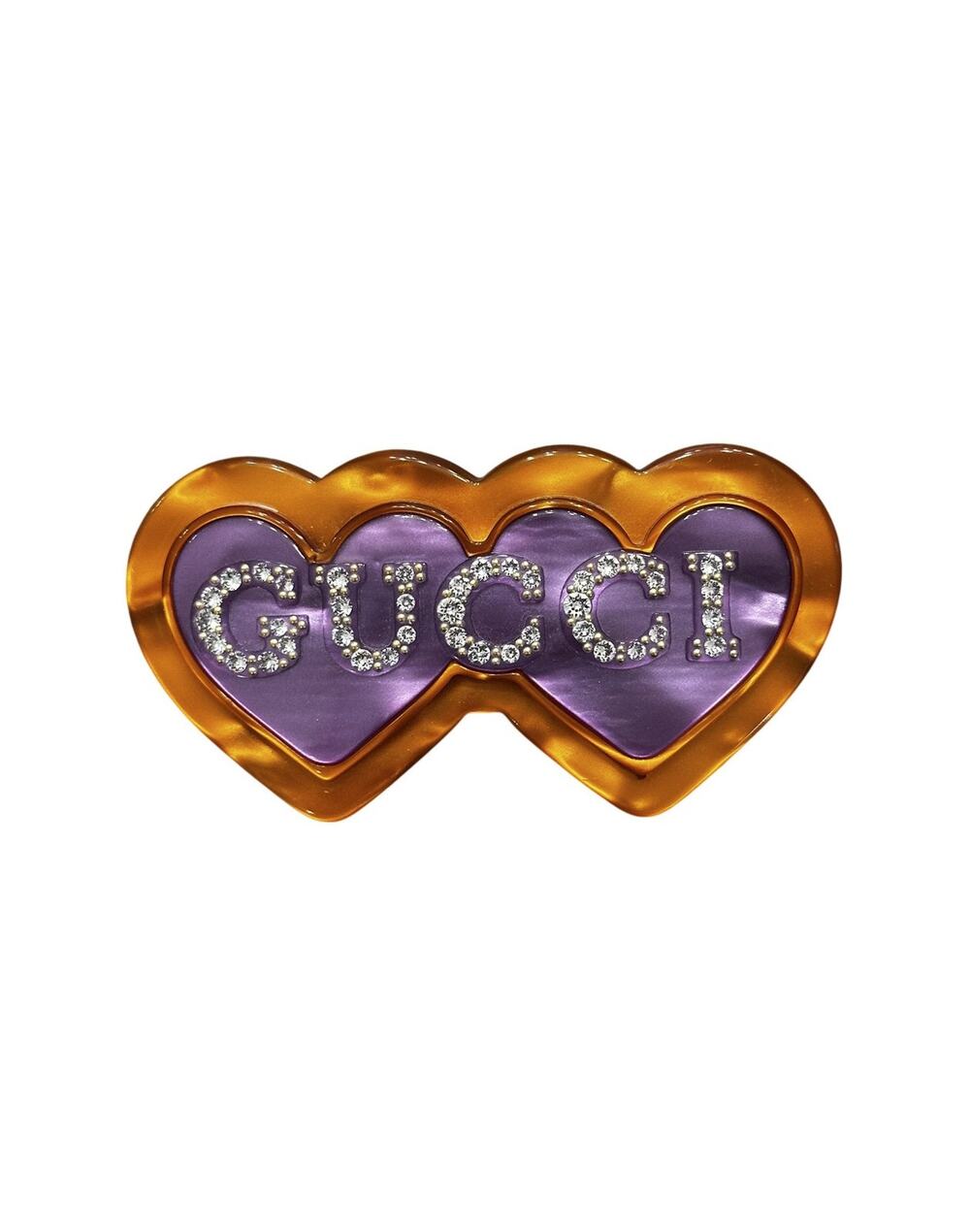 GUCCI Resin Crystal Double Heart Logo Brooch Pin Purple Gold